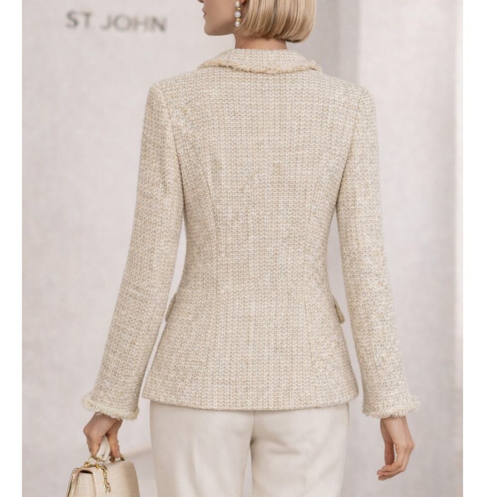 St. John Tweed Fringe Knit Rose Button Front Shoulder Pad Tailored Blazer Jacket - Picture 5 of 9